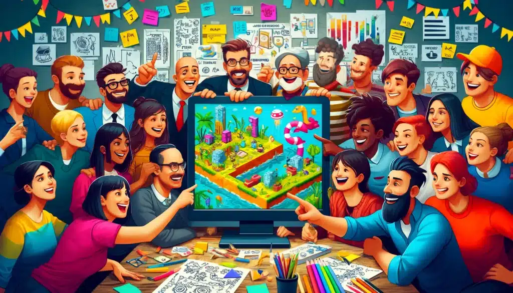 Diverse team smiling at an "AI Game" level on screen, with sketches and notes around.