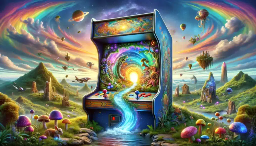 Arcade game cabinet portal opening to a fantastical world in "AI Game."