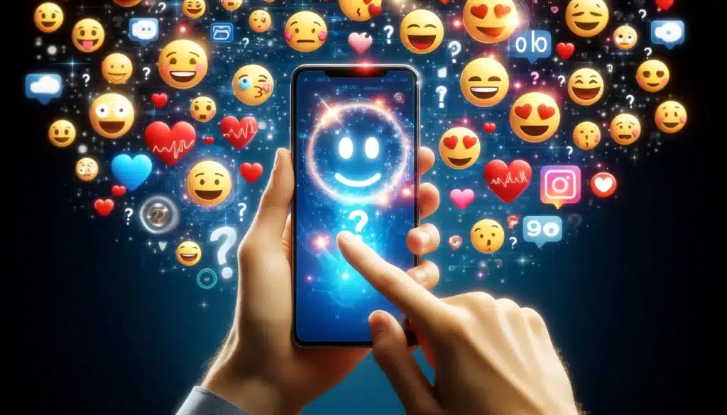 A person engaging with a smartphone as emoticons and AI symbols orbit around, showing interaction with Emotional AI.
