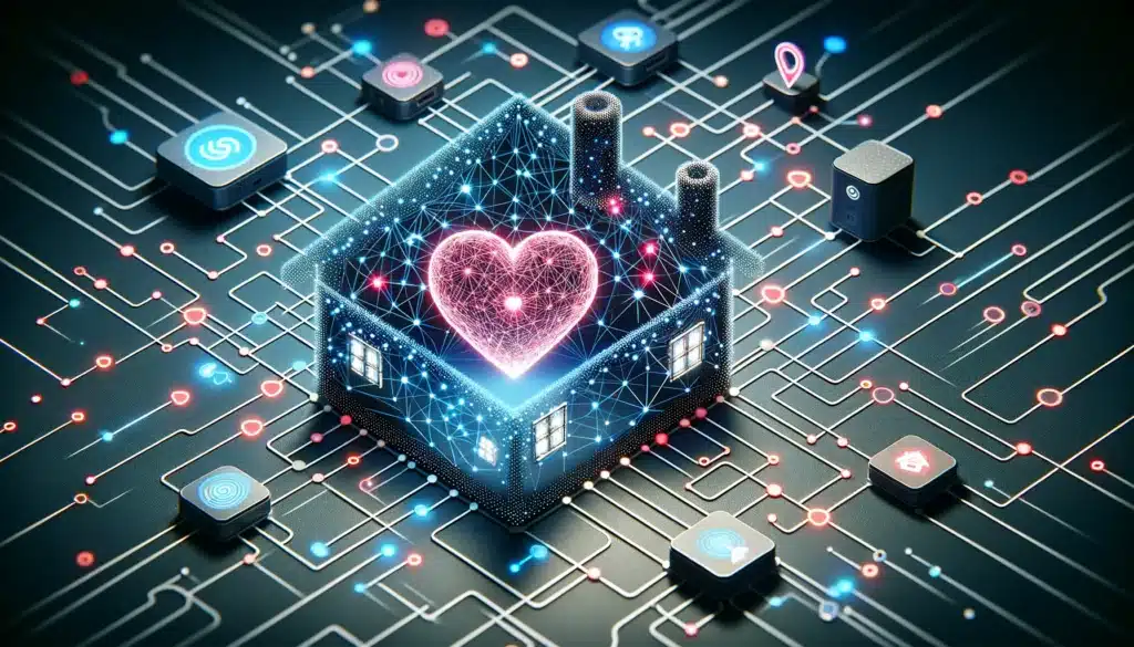 isualization of a smart home network with interconnected dots and lines to devices, centered around a heart symbol, representing Emotional AI.