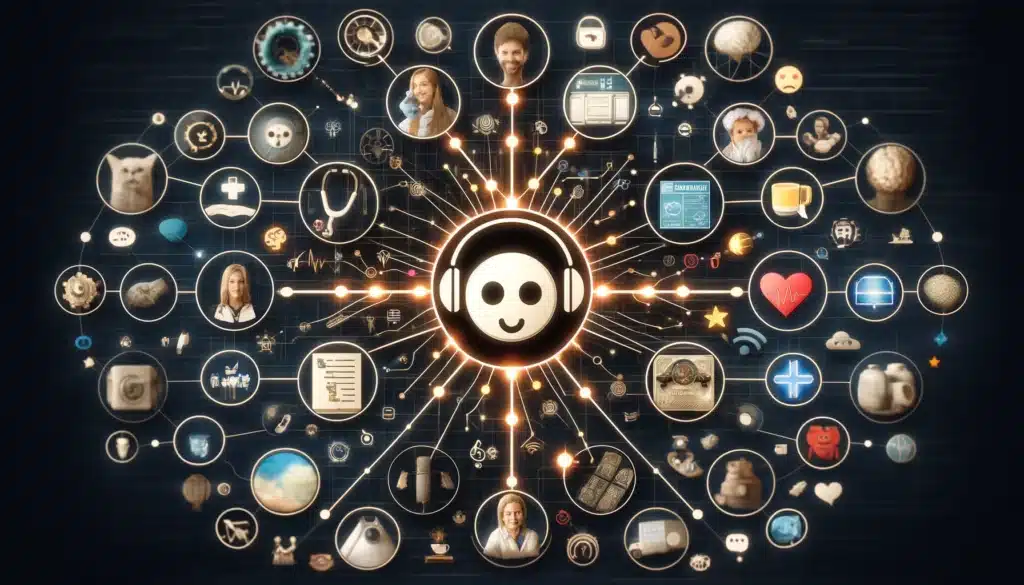 Collage of healthcare, customer service, education, and gaming sectors interconnected by lines to a central Emotional AI icon.