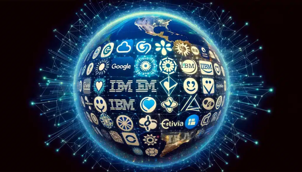 A digital globe surrounded by logos of leading Emotional AI companies, symbolizing their global influence.