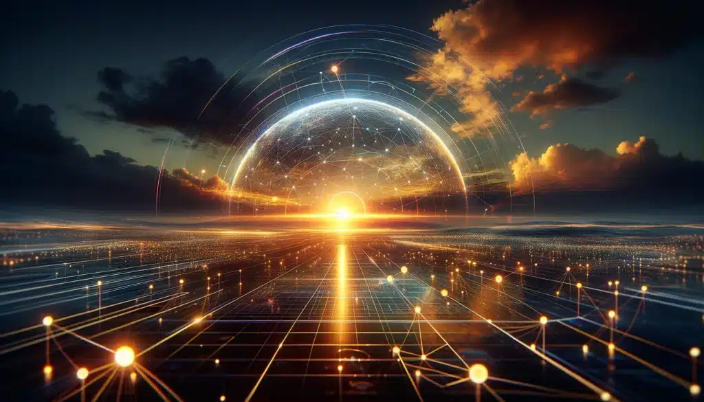 A beautiful sunrise over a digital landscape, symbolizing the dawn of a new era in Emotional AI and human interaction.