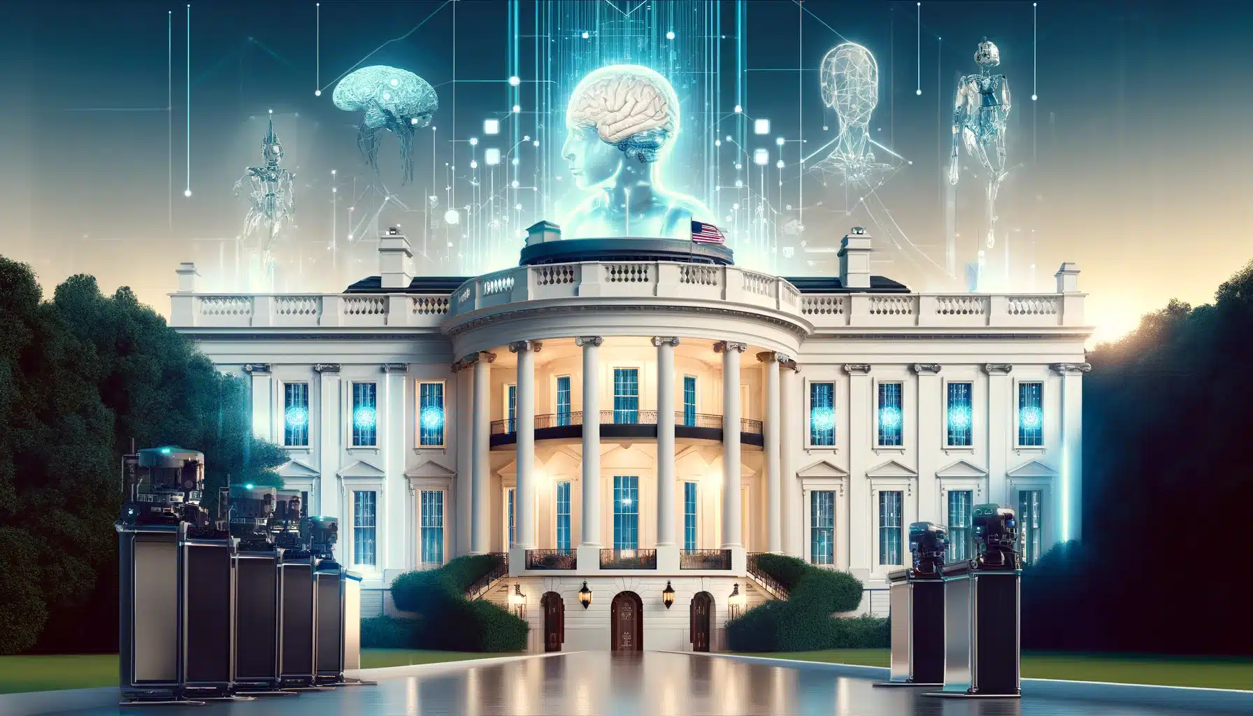 Illustration of a futuristic US Whitehouse showcasing AI in Government