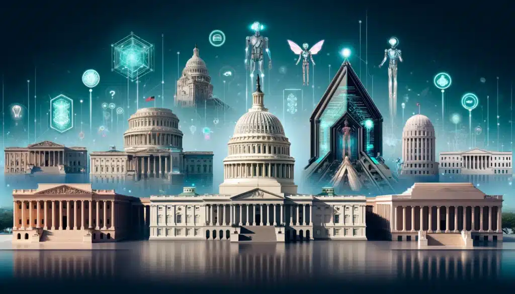 Illustration of various US government sectors with AI symbols, representing AI in Government