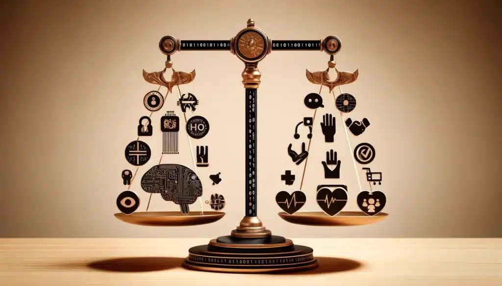 Balance scale with AI symbols and ethical icons, symbolizing ethical considerations in AI in Government