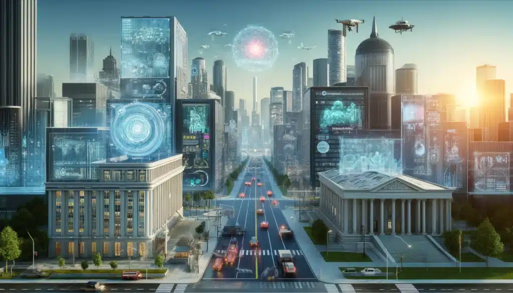 Futuristic cityscape with trending arrows and AI symbols for AI in Government