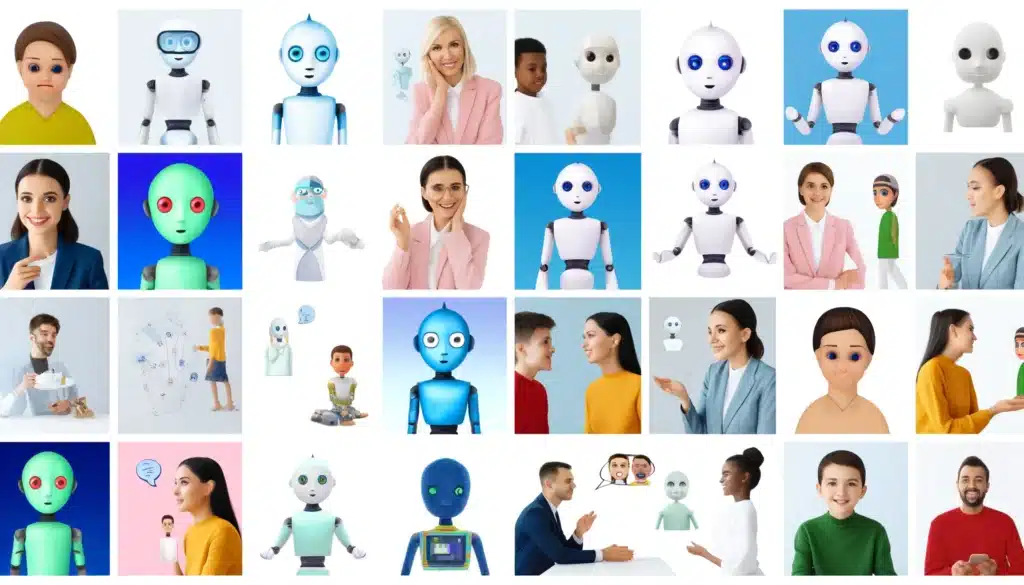 A collage featuring a diverse array of AI avatars engaged in various activities."