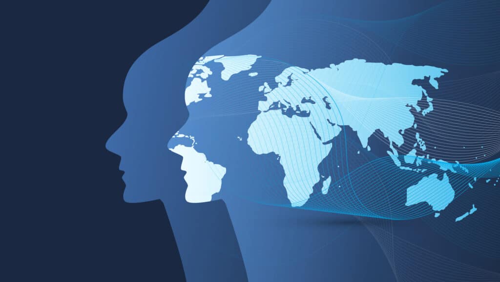 A silhouette of a human profile merges with a digital map of the world, illustrating the concept of global communication through advanced voice engine technology. The dark blue background transitions to lighter shades, symbolizing a world interconnected through voice and data.