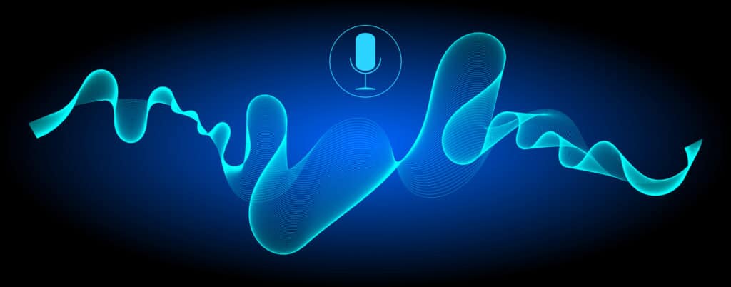 A dynamic illustration of a voice waveform with a microphone icon encapsulated in a circle. The light blue lines on a dark blue background represent digital sound waves moving rhythmically across the image, symbolizing the flow of audio processed by a voice engine.