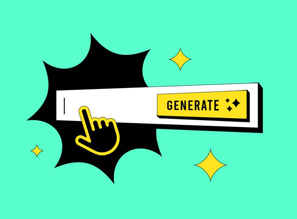 Cartoon hand clicking a 'Generate' button on a Google interface, symbolizing content creation.