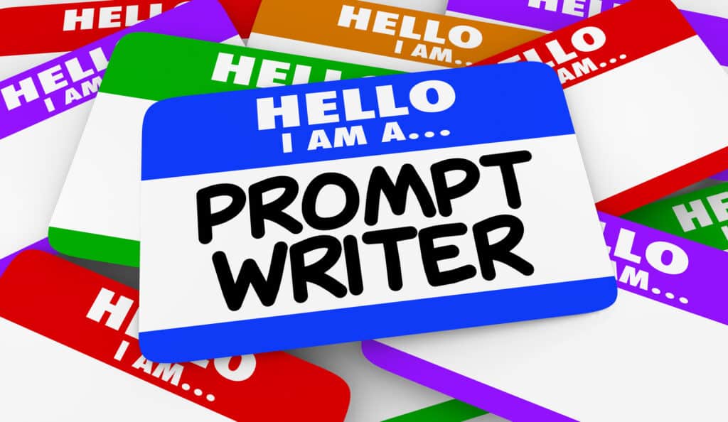 A collection of colorful name tags with 'Hello I am a Prompt Writer' prominently displayed.