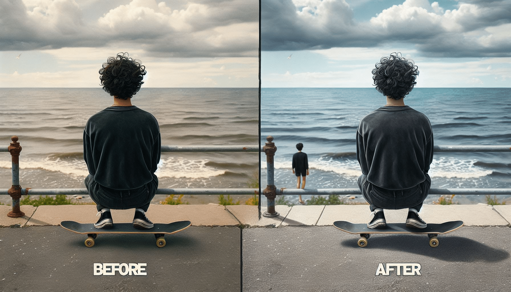 Before and After comparison of a beachfront scene with Photo Eraser edits. ‘Before’ shows a person on a skateboard with another figure in the background; ‘After’ shows the same scene with the figure removed.