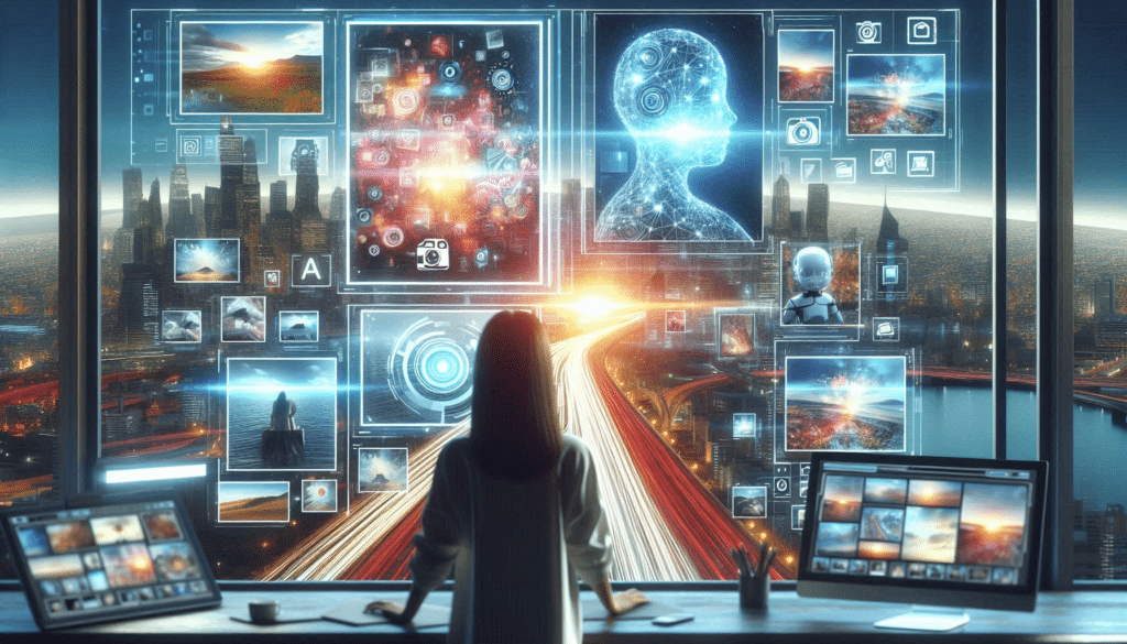 Optimistic futuristic image of a person observing a vast display of AI-edited photos, including using a photo eraser, representing the bright future of digital photography.