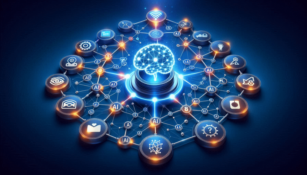 AI core neural network integrating various components of digital marketing.