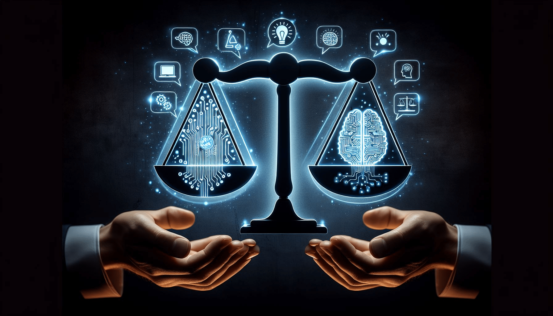 Two hands holding an illuminated icon of balanced scales, flanked by artificial intelligence (circuit-like outline) and human intelligence (brain outline with circuits). Speech bubbles above each intelligence icon indicate communication, and an arc-shaped arrow connects them, symbolizing the balance and exchange between responsible AI development and ethical considerations.