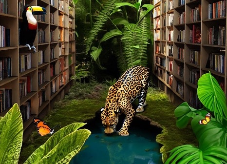 A jaguar quenches its thirst at a serene pond nestled within an extensive library, in a Photoshop Generative AI artwork that marries the untamed beauty of the jungle with the cultivated serenity of a reading space. Toucans and butterflies add life to the foliage interspersed among bookshelves, illustrating the enchanting possibilities of AI-assisted image manipulation.