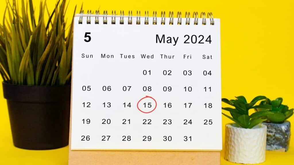 Desk calendar opened to May 2024 with the 15th circled in red, symbolizing the launch date of the Google AI Photo Eraser, with potted plants on either side.