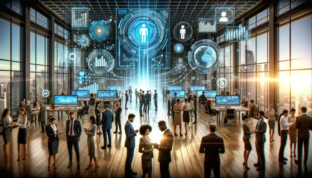 Professionals in a modern office interact with holographic displays showing dynamic data analytics, illustrating the impact of LinkedIn AI on business and networking.