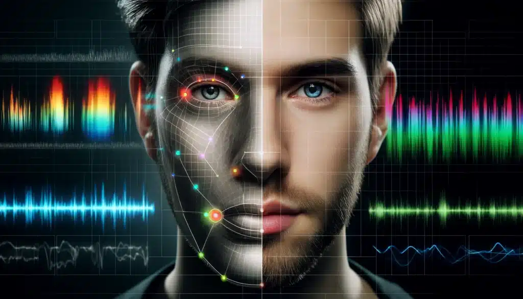 A split-screen depiction of a person's face, with one side normal and the other showing AI lie detector analyses with heatmaps and voice waveforms.