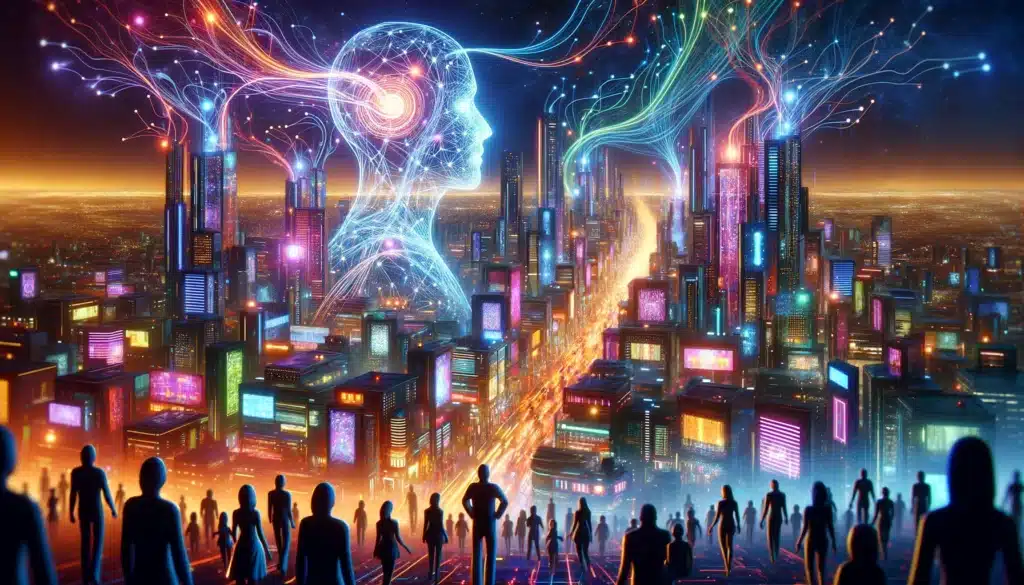 Futuristic cityscape with glowing AI network lines intertwined with human figures, symbolizing AI integration and ethical dilemmas.