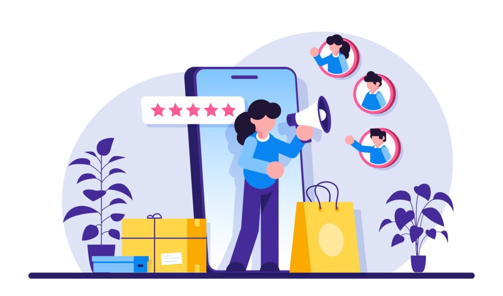 An AI Instagram Influencer is depicted giving a five-star review through a megaphone, with icons of satisfied customers floating nearby, and shopping bags and boxes indicating successful purchases.