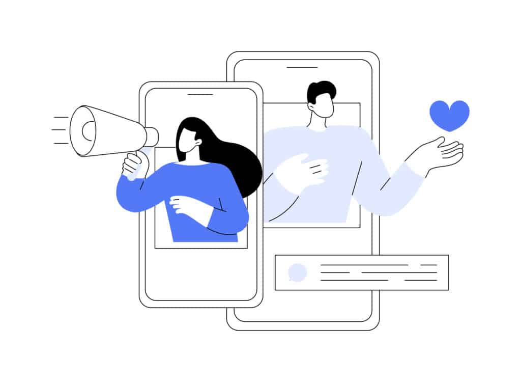 An illustration showcasing an AI Instagram Influencer; a female figure on a smartphone screen holding a megaphone and a male figure on another screen giving a heart symbol.