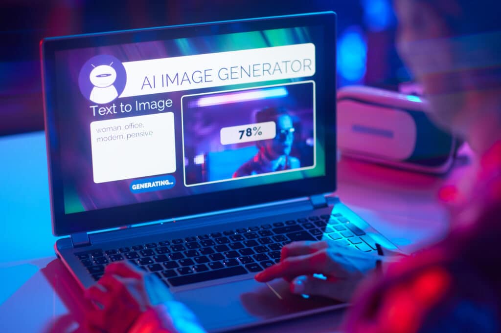 A person using a laptop with an AI Image Generator on the screen, creating content for an AI Instagram Influencer.