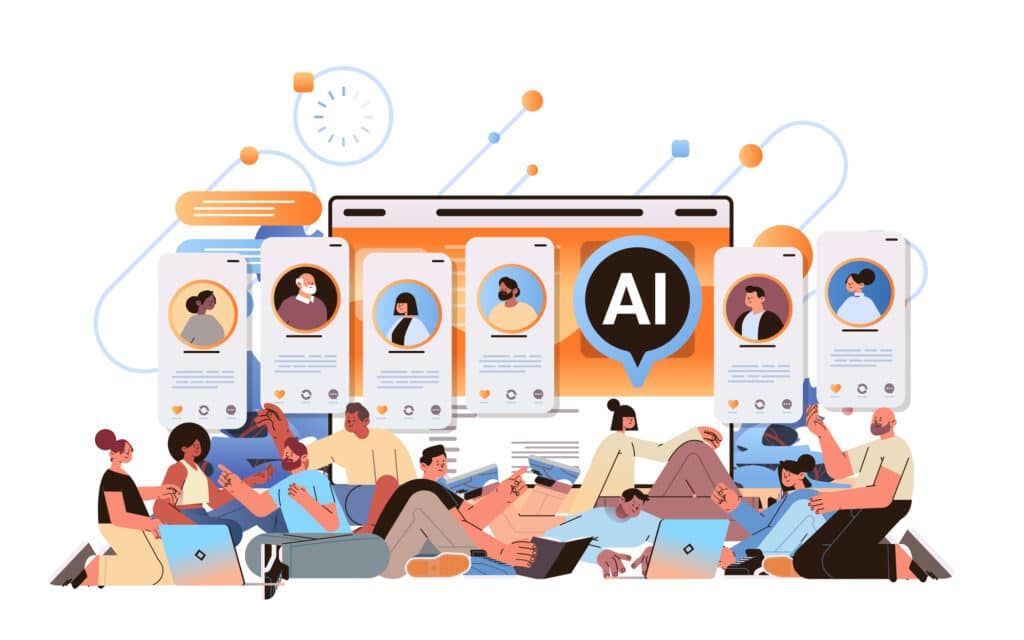 A vibrant illustration showcasing a diverse group of people engrossed in their mobile devices, with an overlay of social media profiles managed by an AI Instagram Influencer.