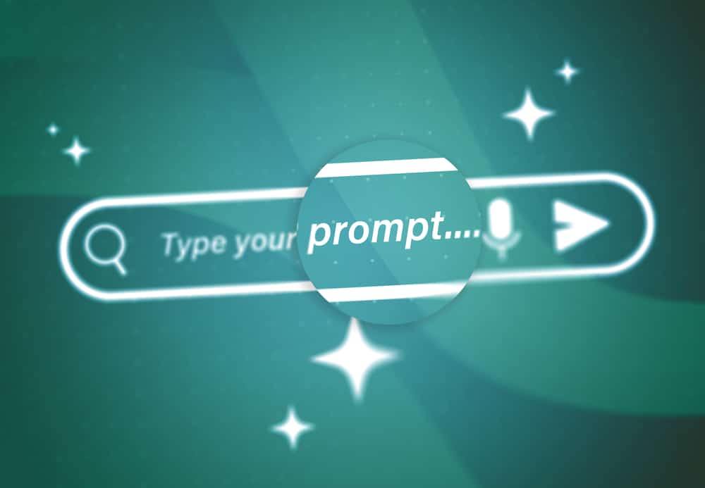 An abstract background in teal with a glowing white search bar featuring the text 'Type your prompt...' and an arrow pointing right, symbolizing the concept of Prompt-Based AI.