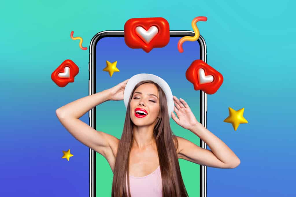 An AI Instagram Influencer is depicted within a smartphone frame, surrounded by floating hearts and stars, symbolizing popularity on social media.