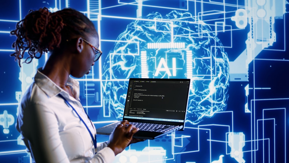 A woman coding on a laptop with a futuristic Prompt-Based AI blueprint in the background, highlighting complex neural network diagrams.