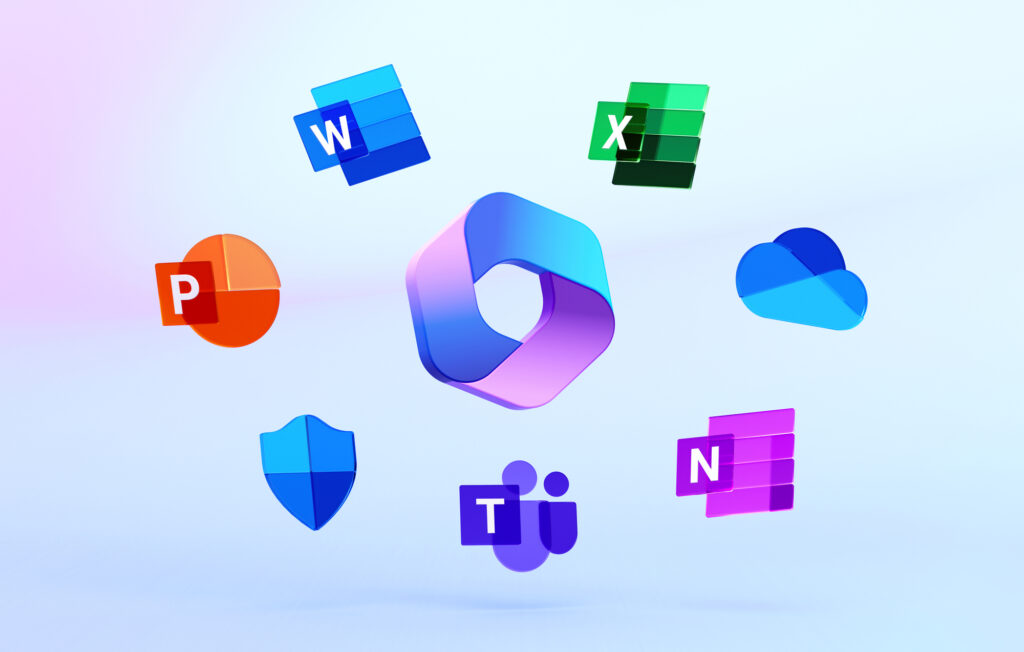 Floating icons of various office software applications, including Word, Excel, PowerPoint, Teams, and OneNote, depicted in vibrant, reflective 3D designs against a light gradient background, enhanced by Copilot+ PC technology.