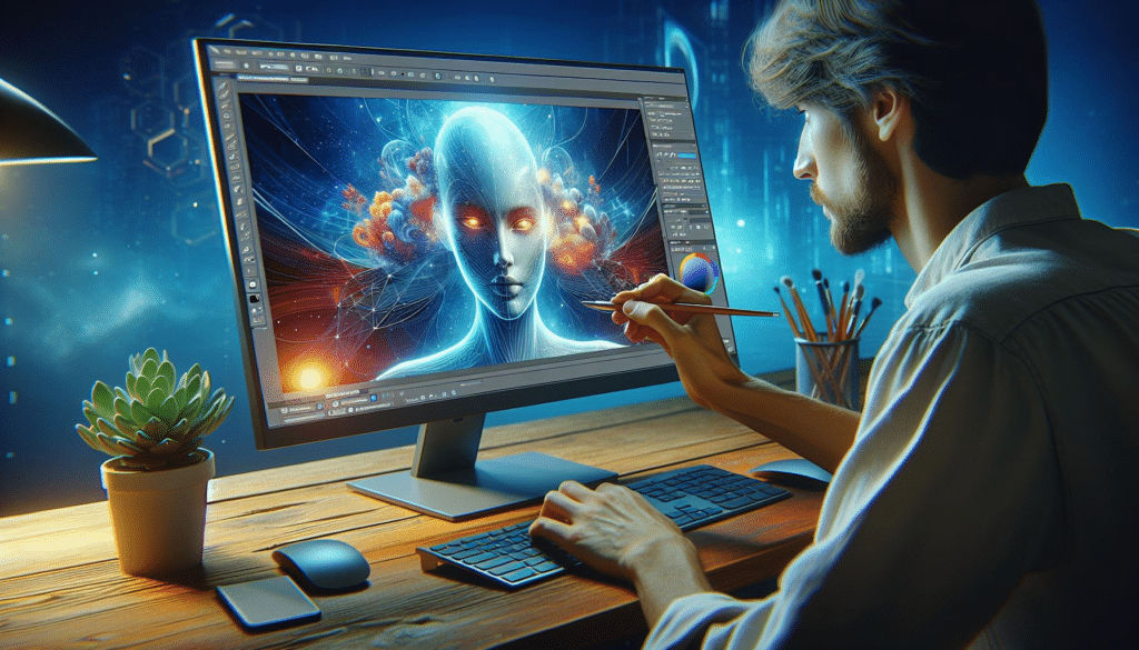 A digital artist working on a computer with advanced AI animation software.