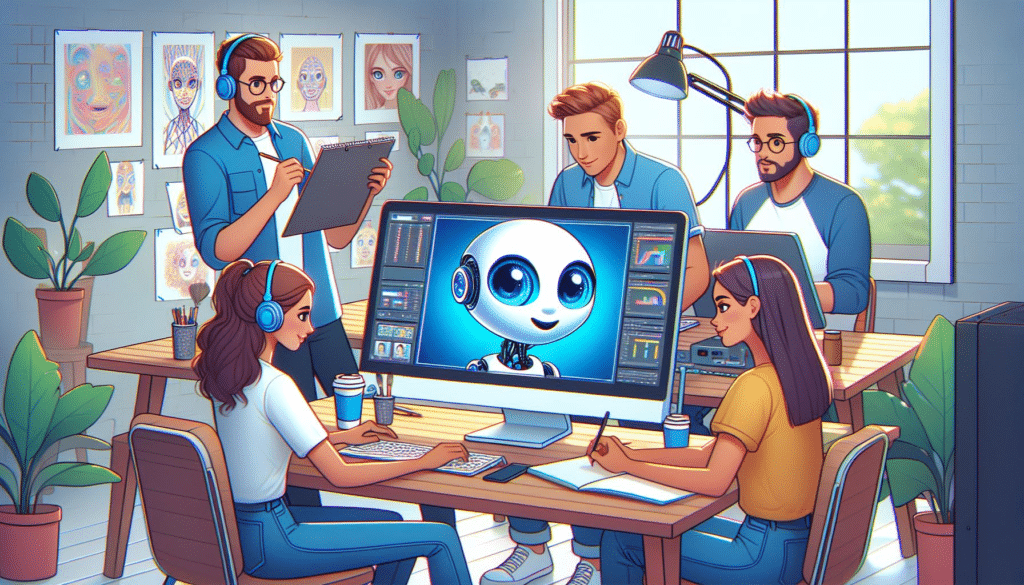 A team of animators working on an AI animation project, focusing on a cute, big-eyed robot character displayed on the computer screen.