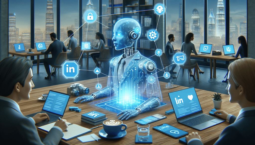 A futuristic LinkedIn AI robot engaging with professionals in a high-tech environment.