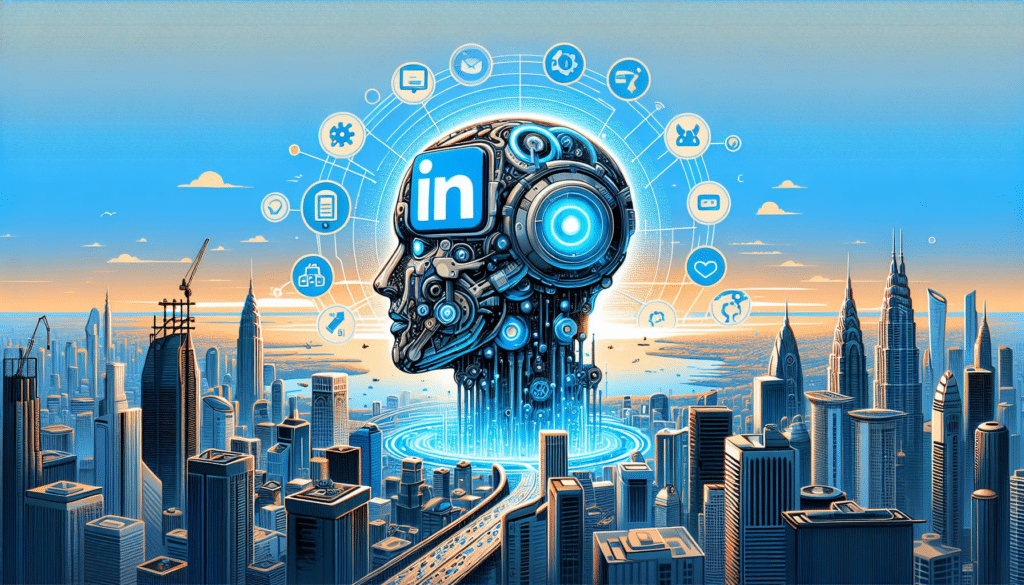 An imaginative depiction of the evolution of LinkedIn AI in a futuristic setting.