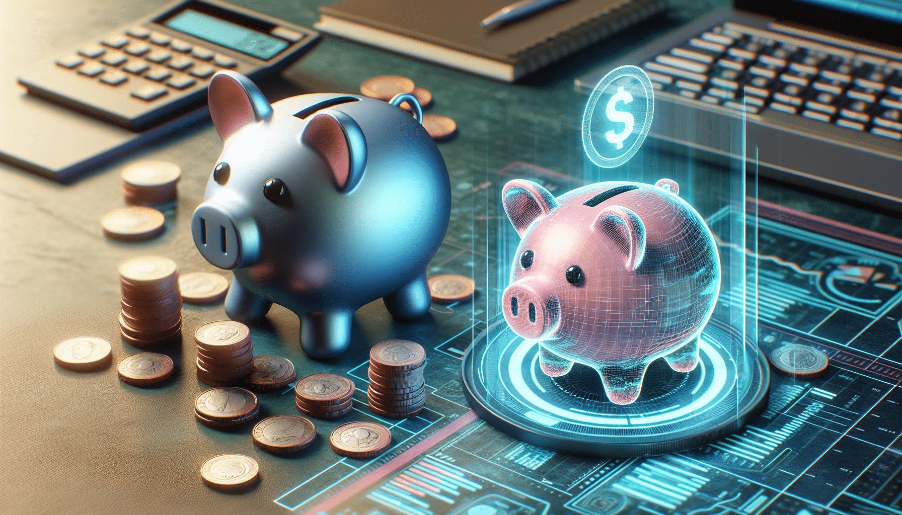 Digital Twins concept illustrated by a physical piggy bank and its digital holographic counterpart on a coin-strewn surface.