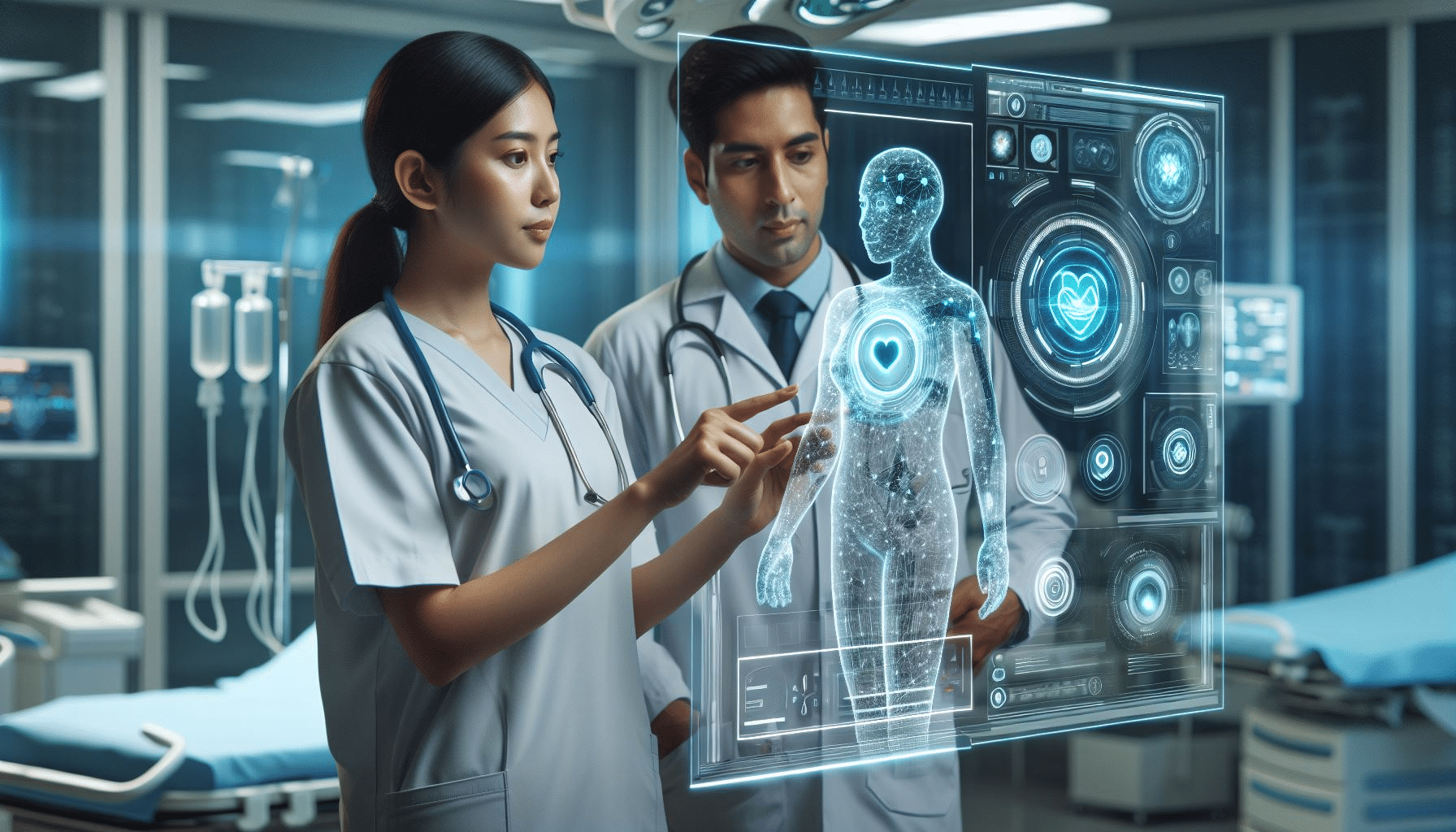 AI Workers in a healthcare setting, showing a doctor and nurse interacting with a holographic AI interface.