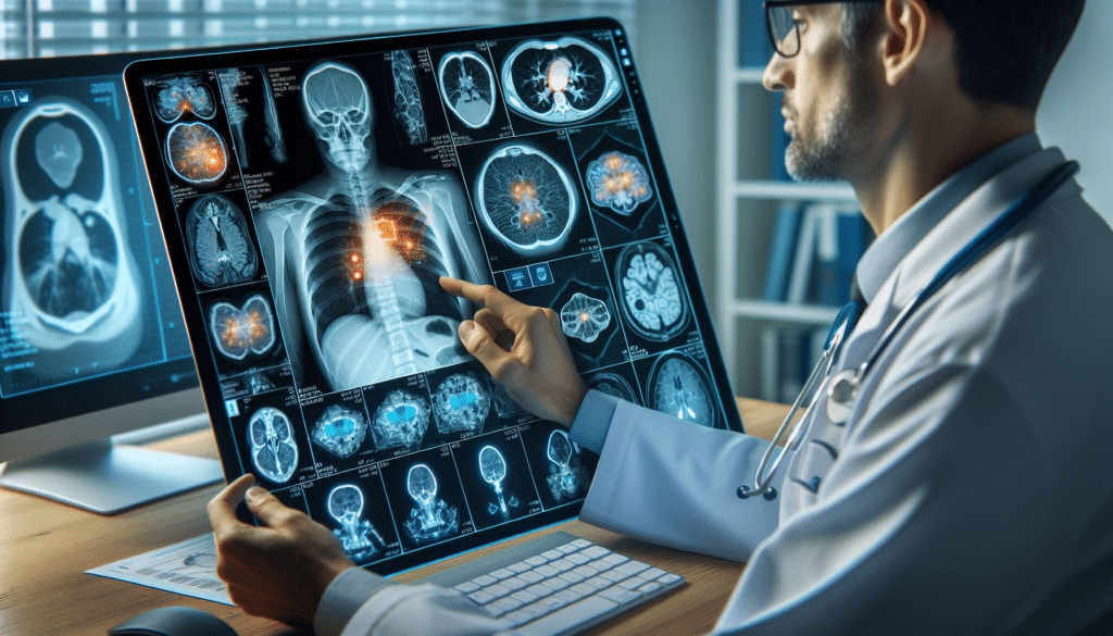 AI Workers assisting a radiologist in identifying abnormalities on a medical scan.