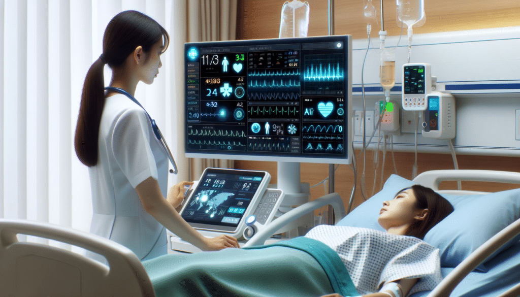 AI Workers facilitate real-time patient monitoring as a nurse reviews vital signs and AI-generated alerts on a bedside monitor.