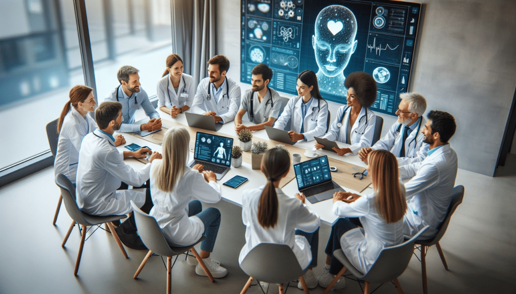 AI Workers collaborate with healthcare professionals in a high-tech meeting room.