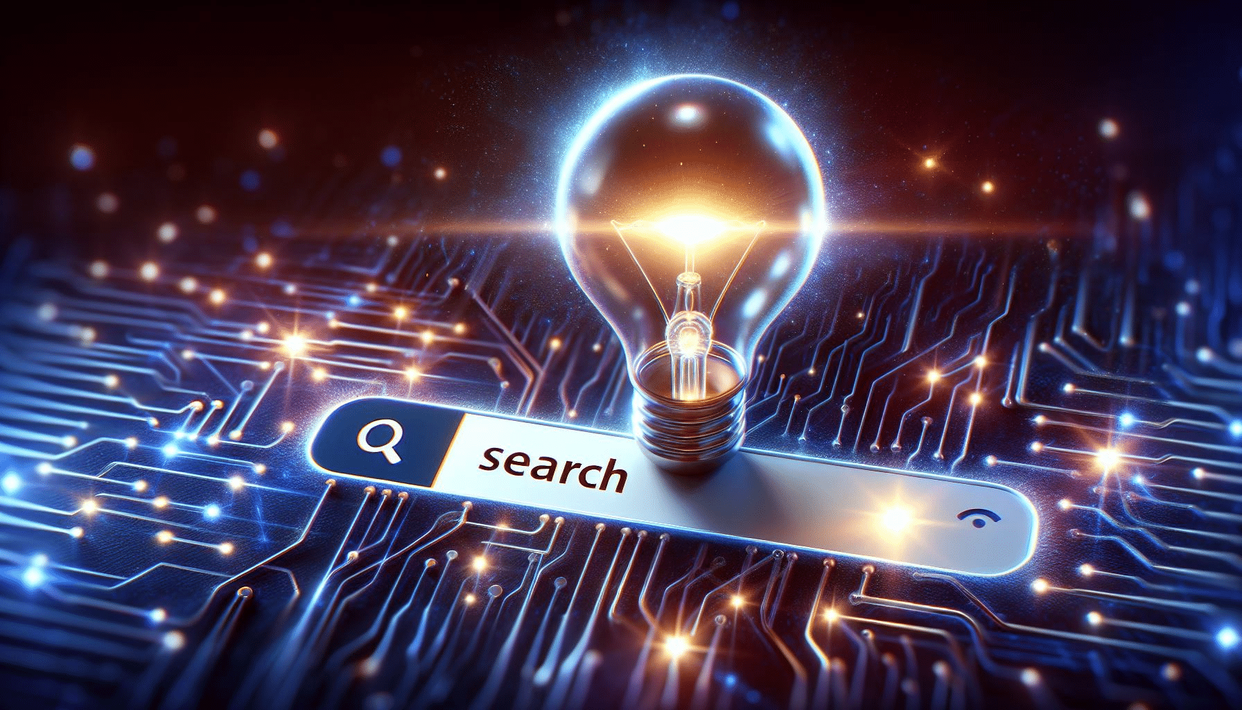 An illustration of a bright light bulb adjacent to a search bar, symbolizing the efficiency and clarity of AI-Powered Search