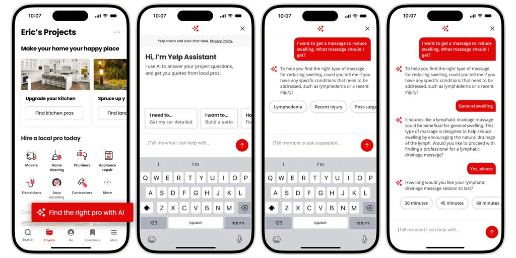 Screenshots of Yelp AI app interface showing project options, Yelp Assistant interaction, and service selection for a lymphatic drainage massage.