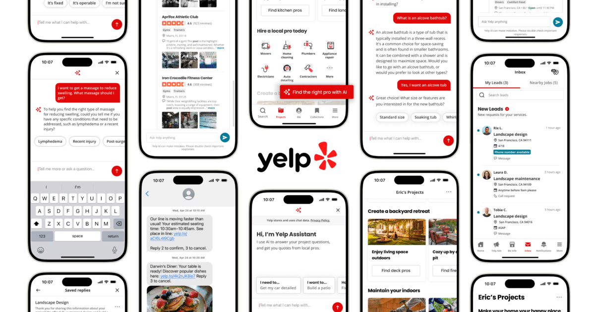 A collage of eight screenshots from the Yelp mobile application, showcasing various AI-powered features such as messaging with Yelp Assistant, searching for services, and viewing projects.