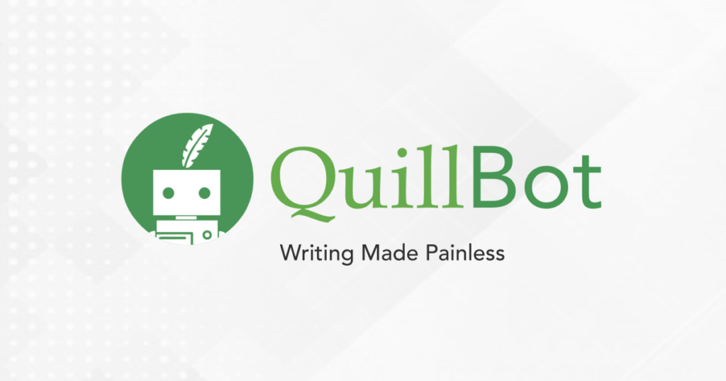 QuillBot AI logo depicting a green robot with a quill, symbolizing effortless writing assistance.