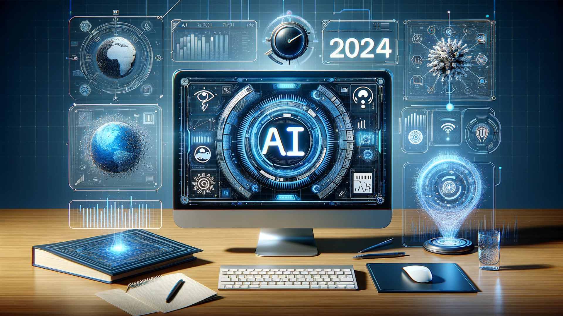 Futuristic workspace with a computer screen displaying AI writing tools, a clock showing the year 2024, and holographic interfaces.