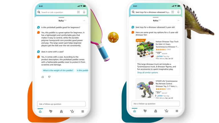 Amazon Rufus app showing search results for a pickleball paddle and dinosaur toys for a 5-year-old.
