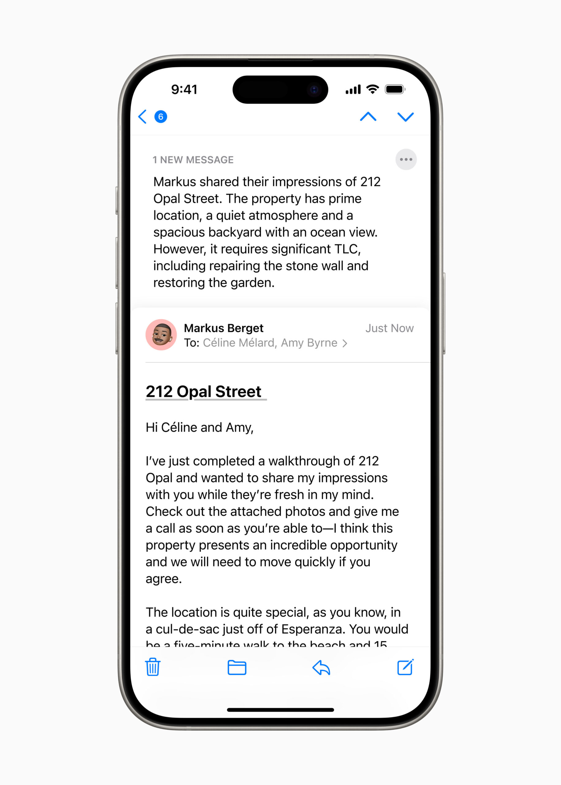Email summary in Mail app on iPhone using Apple Intelligence.