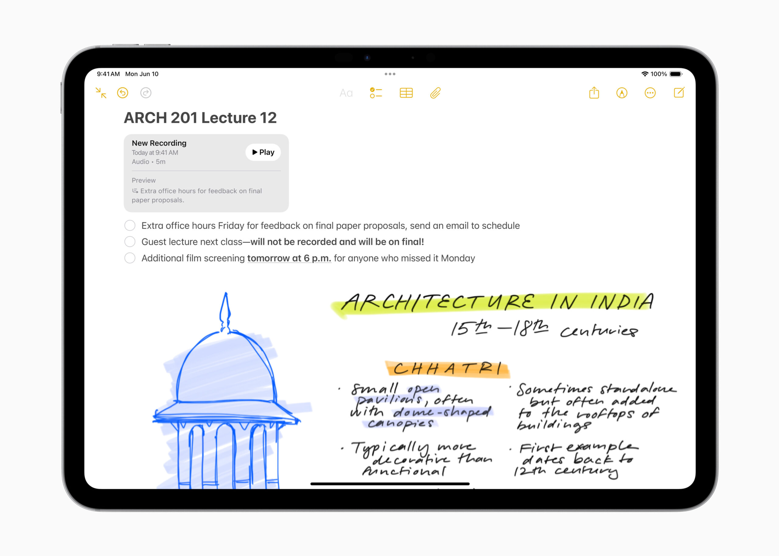 iPad screen displaying a recorded lecture in the Notes app using Apple Intelligence.